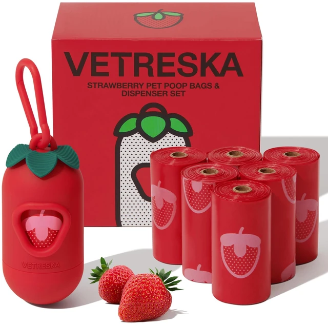 Main image of Dog Poop Bag Dispenser with Strawberry Scented Bags, 105 Counts | Leak Proof and Extra Thick Pet Waste Bags, 1 Poop Bag Holder and 7 Rolls for Dog Walking and Cats Litter
