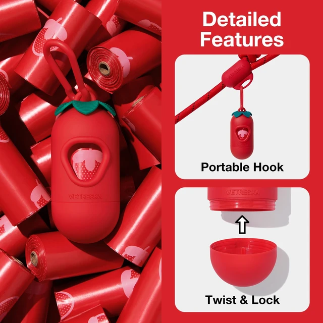 Alt view image 3 of 7 - Dog Poop Bag Dispenser with Strawberry Scented Bags, 105 Counts | Leak Proof and Extra Thick Pet Waste Bags, 1 Poop Bag Holder and 7 Rolls for Dog Walking and Cats Litter