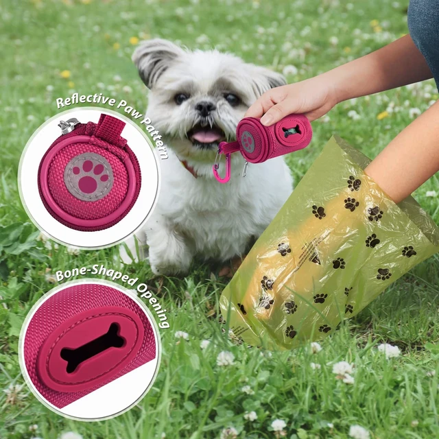 Alt view image 3 of 6 - Dog Poop Bag Holder for Leash with Carabiner Clip Soft Fabric | Small Doggie Waste Bag Dispenser Pet Doggy Bag Carrier 1680D Nylon Oxford Puppy Potty Zipper Pouch with 1 Roll, Rose Red