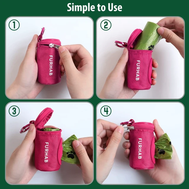 Alt view image 5 of 6 - Dog Poop Bag Holder for Leash with Carabiner Clip Soft Fabric | Small Doggie Waste Bag Dispenser Pet Doggy Bag Carrier 1680D Nylon Oxford Puppy Potty Zipper Pouch with 1 Roll, Rose Red
