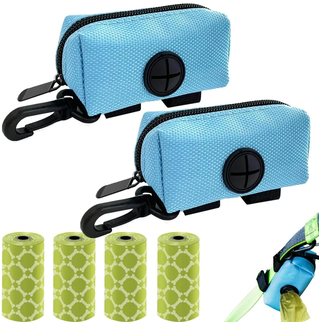 Main image of 2 Pack Dog Poop Bag Holder for Leash with Carabiner Clip + 80 Pet Trash Bag | Doggie Waste Bag Dispenser Zipper Pouch with Velcro Straps, Soft Fabric Puppy Potty for Daily Dog Walking, Blue