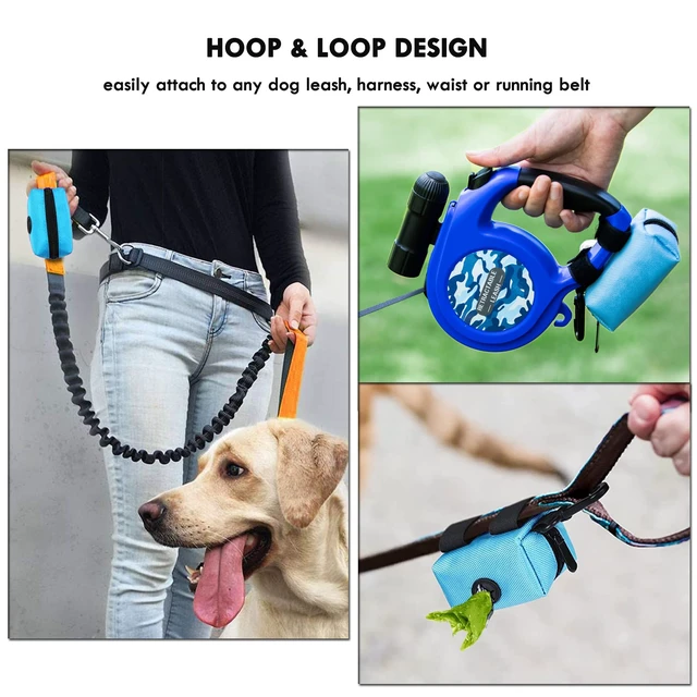 Alt view image 2 of 7 - 2 Pack Dog Poop Bag Holder for Leash with Carabiner Clip + 80 Pet Trash Bag | Doggie Waste Bag Dispenser Zipper Pouch with Velcro Straps, Soft Fabric Puppy Potty for Daily Dog Walking, Blue