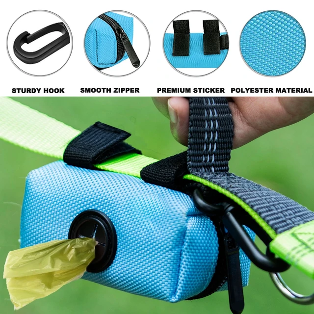 Alt view image 4 of 7 - 2 Pack Dog Poop Bag Holder for Leash with Carabiner Clip + 80 Pet Trash Bag | Doggie Waste Bag Dispenser Zipper Pouch with Velcro Straps, Soft Fabric Puppy Potty for Daily Dog Walking, Blue