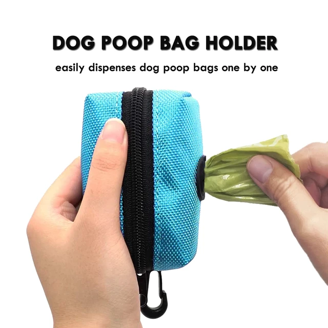 Alt view image 5 of 7 - 2 Pack Dog Poop Bag Holder for Leash with Carabiner Clip + 80 Pet Trash Bag | Doggie Waste Bag Dispenser Zipper Pouch with Velcro Straps, Soft Fabric Puppy Potty for Daily Dog Walking, Blue
