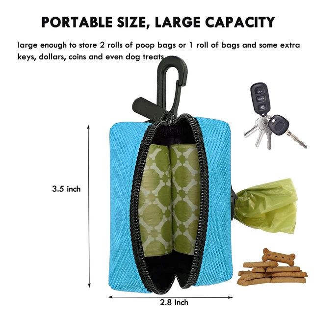 Alt view image 6 of 7 - 2 Pack Dog Poop Bag Holder for Leash with Carabiner Clip + 80 Pet Trash Bag | Doggie Waste Bag Dispenser Zipper Pouch with Velcro Straps, Soft Fabric Puppy Potty for Daily Dog Walking, Blue