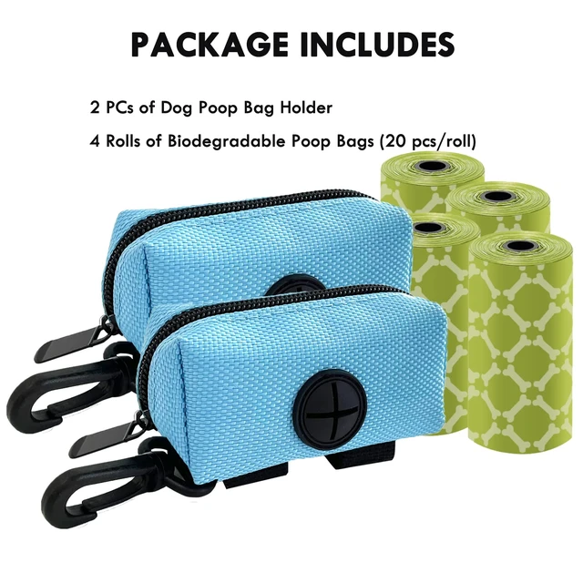 Alt view image 7 of 7 - 2 Pack Dog Poop Bag Holder for Leash with Carabiner Clip + 80 Pet Trash Bag | Doggie Waste Bag Dispenser Zipper Pouch with Velcro Straps, Soft Fabric Puppy Potty for Daily Dog Walking, Blue