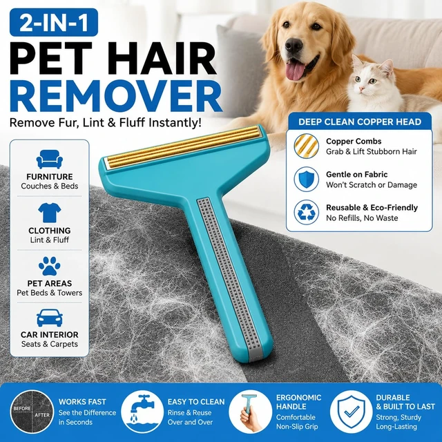 Alt view image 2 of 7 - 3-in-1 Pet Hair Removers, Carpet Rake for Dog Cat Fur Lint Clean Scraper | Fur Removal Tool, Portable Carpet Scraper for Furniture,Rug, Mats, Sofas,Couch, Pet Bed, Fur Lint & Fuzz