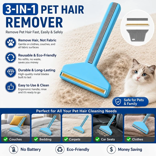 Alt view image 6 of 7 - 3-in-1 Pet Hair Removers, Carpet Rake for Dog Cat Fur Lint Clean Scraper | Fur Removal Tool, Portable Carpet Scraper for Furniture,Rug, Mats, Sofas,Couch, Pet Bed, Fur Lint & Fuzz