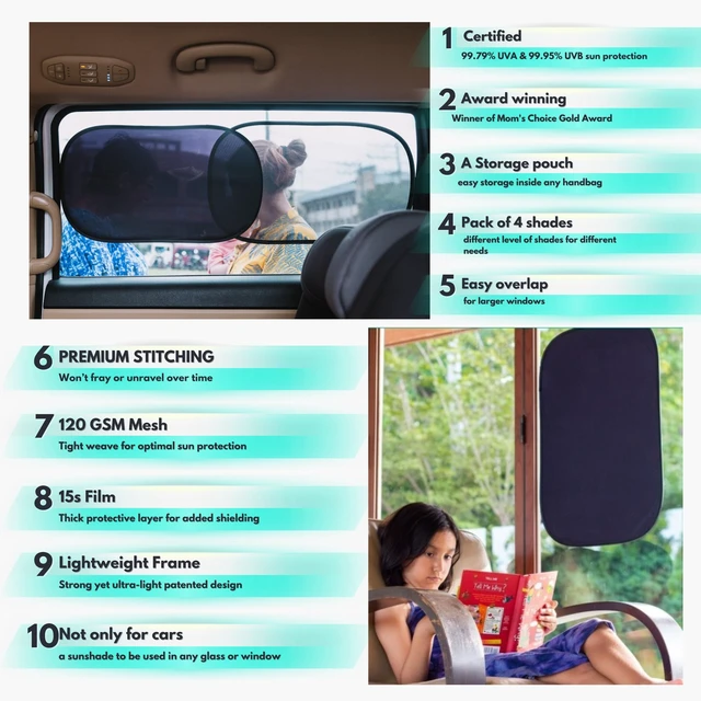 Alt view image 3 of 7 - Car Window Shades - Certified 99.79% UVA & 99.95% UVB Sun Protection | Award winning car sun shade side windows.4 Pack (2 Transparency options) 20" x 12" -window shade for car baby by Kinder Fluff