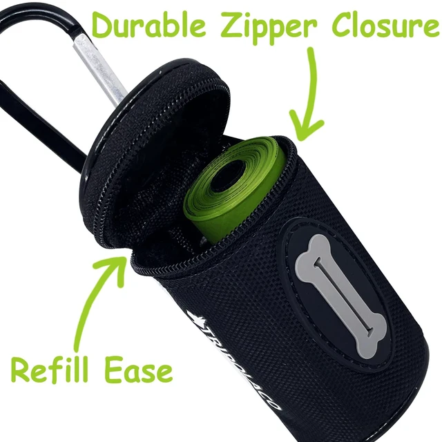 Alt view image 7 of 7 - Dog Poop Bag Holder for Leash, Easy Release Poop Bag Dispenser | 1680D Oxford, Carabiner Clip, Fits Most Standard Poop Bag Rolls, Compatible with Most Leashes, Dog Walking Accessories, Black
