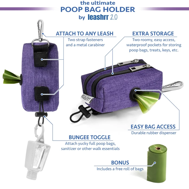 Alt view image 2 of 7 - Dog Poop Bag Holder for Leashes and Treat Holder with 2 Waterproof Pouches | Poop Bag Dispenser for Pet Waste Bags and Walking Accessories + 1 Free Roll