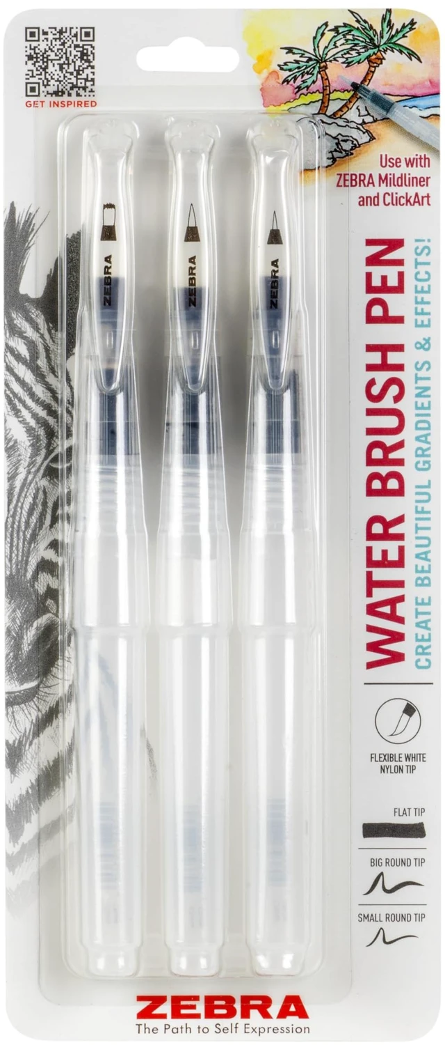 Main image of Water Brush, Watercolor Flexible Nylon Brush Tip Pen, 0.6mm, 3-Pk | Refillable with Water, Ideal Tool for Watercolor Painting and Coloring, Set of 3, Small and Large Size (79323)