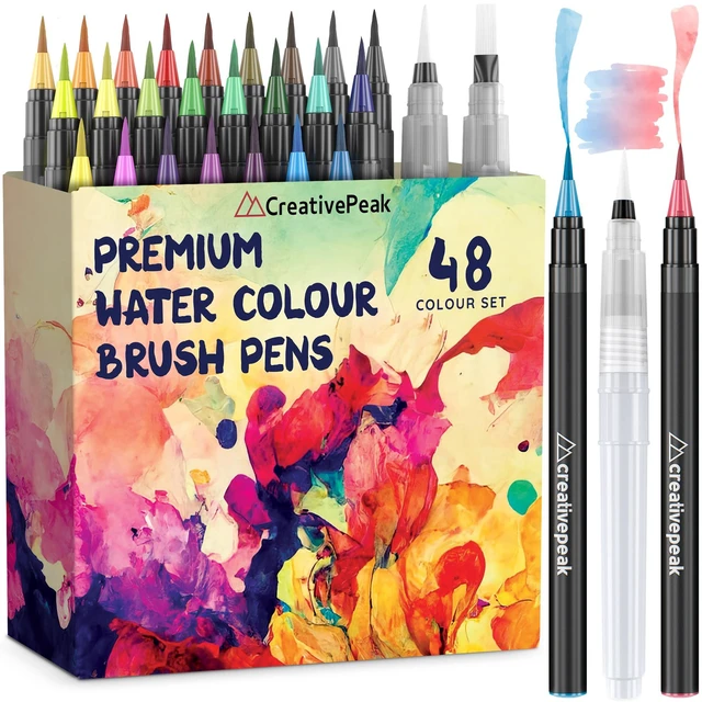 Main image of Premium Watercolor Brush Pens, 48 Vibrant, Soft Tip, Art Coloring Markers | CreativePeak Brush Pens with 2 Blending Brushes, Designed for 300 gsm Watercolor Paper, Calligraphy & Lettering Supplies