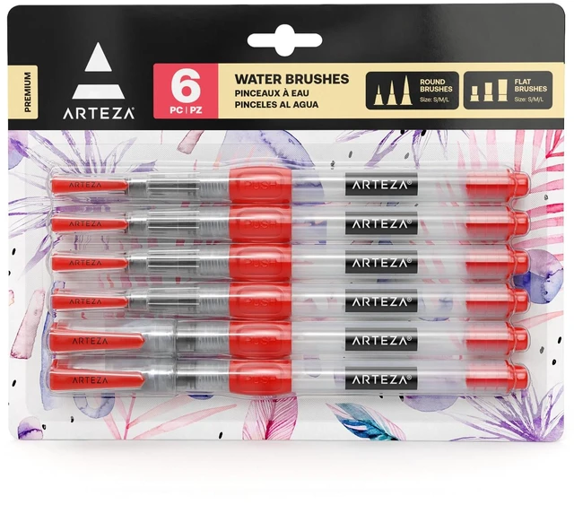 Main image of Water Brush Pens for Watercolor, Set of 6, 3 Fine and 3 Broad Tips | Self-Moistening Refillable Reservoirs, Squeeze-Controlled Flow, Soft Nylon Bristles, For Water-Soluble Pencils and Markers
