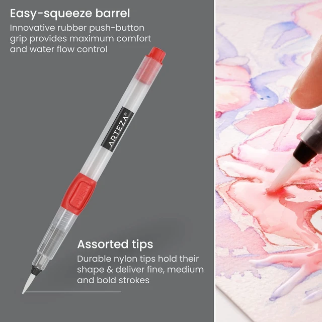 Alt view image 3 of 7 - Water Brush Pens for Watercolor, Set of 6, 3 Fine and 3 Broad Tips | Self-Moistening Refillable Reservoirs, Squeeze-Controlled Flow, Soft Nylon Bristles, For Water-Soluble Pencils and Markers