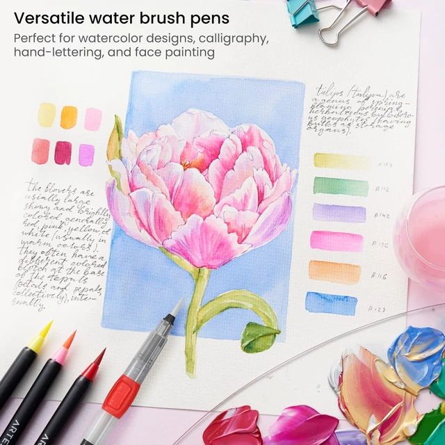 Alt view image 5 of 7 - Water Brush Pens for Watercolor, Set of 6, 3 Fine and 3 Broad Tips | Self-Moistening Refillable Reservoirs, Squeeze-Controlled Flow, Soft Nylon Bristles, For Water-Soluble Pencils and Markers