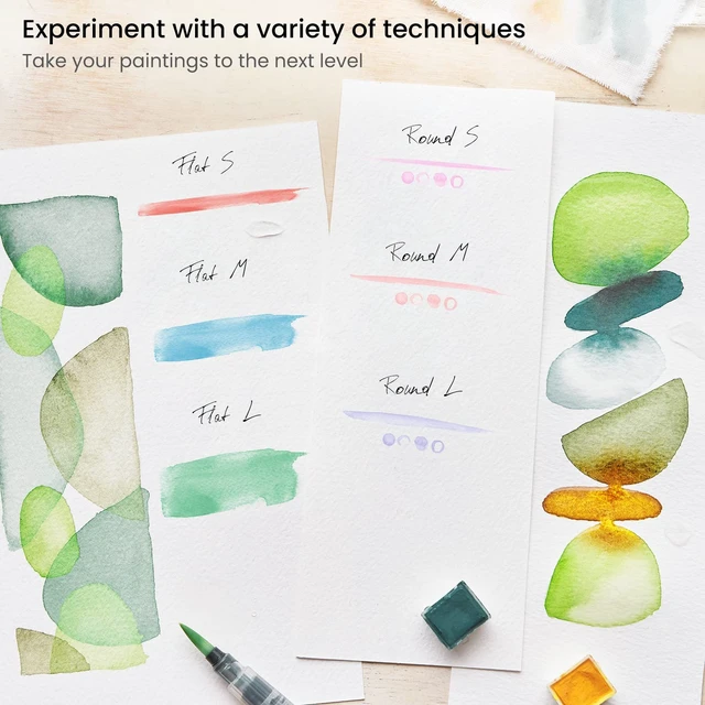 Alt view image 4 of 7 - Water Brush Pens for Watercolor, Set of 6, Round and Flat Nylon Tips | Refillable Reservoirs, Squeeze-Controlled Flow, 3 Round and 3 Flat Tips, For Calligraphy, Lettering, Washes and Travel