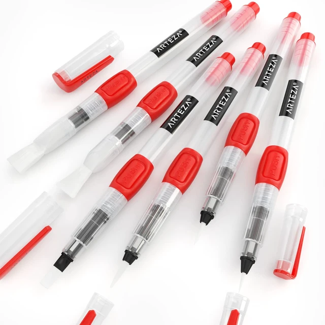 Alt view image 7 of 7 - Water Brush Pens for Watercolor, Set of 6, 3 Fine and 3 Broad Tips | Self-Moistening Refillable Reservoirs, Squeeze-Controlled Flow, Soft Nylon Bristles, For Water-Soluble Pencils and Markers
