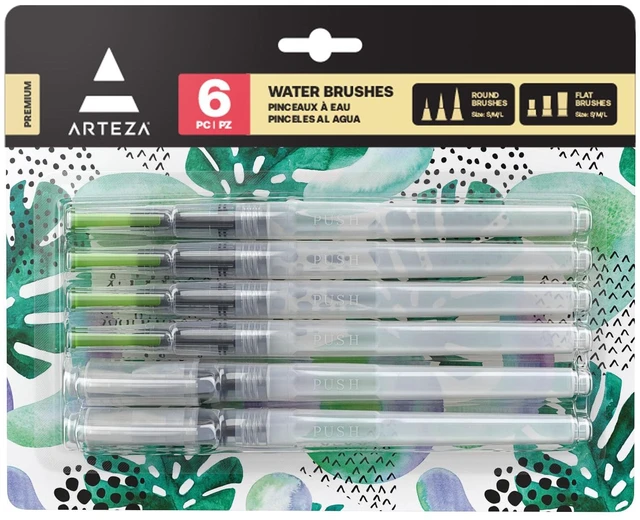 Main image of Water Brush Pens for Watercolor, Set of 6, Round and Flat Nylon Tips | Refillable Reservoirs, Squeeze-Controlled Flow, 3 Round and 3 Flat Tips, For Calligraphy, Lettering, Washes and Travel