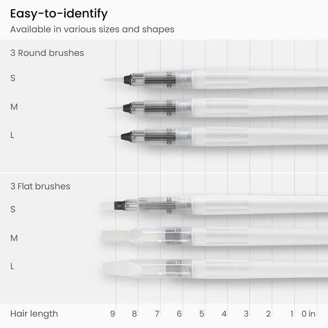 Alt view image 2 of 7 - Water Brush Pens for Watercolor, Set of 6, Round and Flat Nylon Tips | Refillable Reservoirs, Squeeze-Controlled Flow, 3 Round and 3 Flat Tips, For Calligraphy, Lettering, Washes and Travel