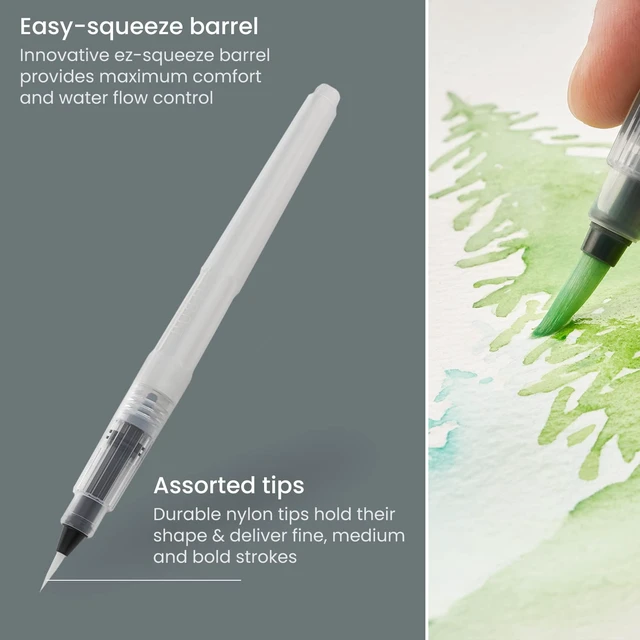 Alt view image 3 of 7 - Water Brush Pens for Watercolor, Set of 6, Round and Flat Nylon Tips | Refillable Reservoirs, Squeeze-Controlled Flow, 3 Round and 3 Flat Tips, For Calligraphy, Lettering, Washes and Travel