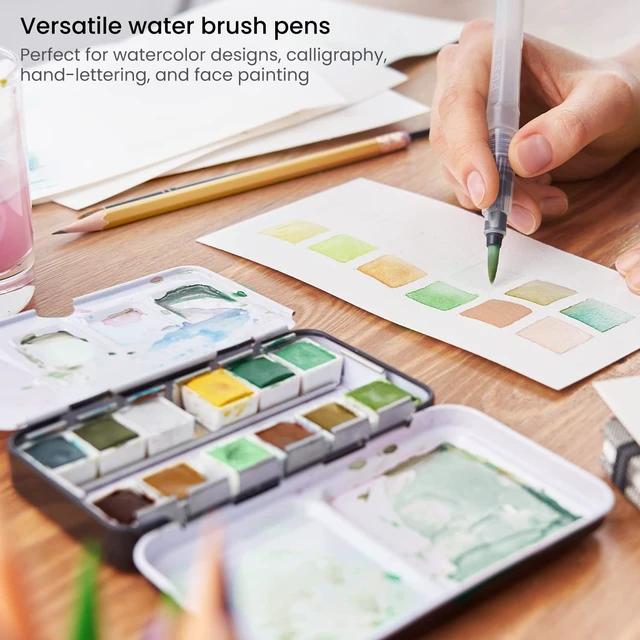 Alt view image 5 of 7 - Water Brush Pens for Watercolor, Set of 6, Round and Flat Nylon Tips | Refillable Reservoirs, Squeeze-Controlled Flow, 3 Round and 3 Flat Tips, For Calligraphy, Lettering, Washes and Travel
