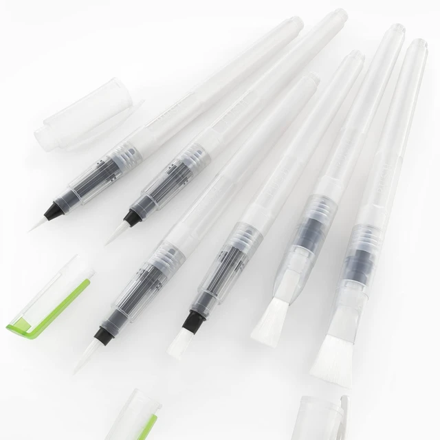 Alt view image 7 of 7 - Water Brush Pens for Watercolor, Set of 6, Round and Flat Nylon Tips | Refillable Reservoirs, Squeeze-Controlled Flow, 3 Round and 3 Flat Tips, For Calligraphy, Lettering, Washes and Travel
