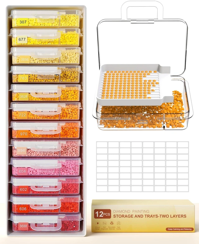 Main image of 12 PCS Diamond Painting Storage Containers Trays, White | 3-in-1 Diamond Painting Trays with Lids, Detachable Trays, 1 Storage Racks, Diamond Art Accessories, Diamond Art Storage