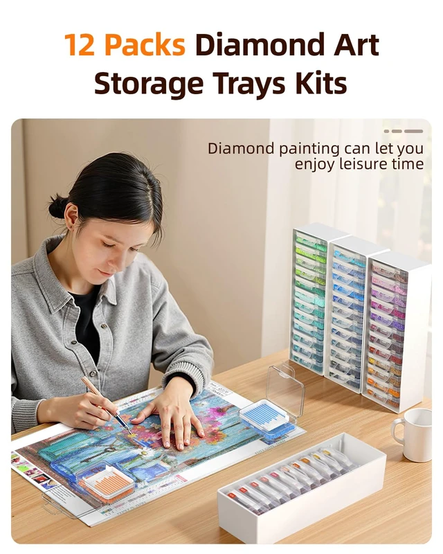 Alt view image 2 of 7 - 12 PCS Diamond Painting Storage Containers Trays, White | 3-in-1 Diamond Painting Trays with Lids, Detachable Trays, 1 Storage Racks, Diamond Art Accessories, Diamond Art Storage