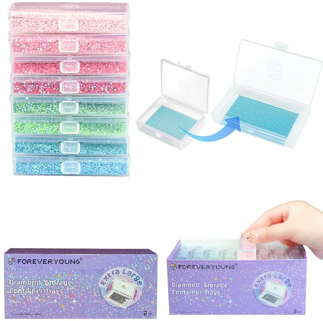 Main image of 8PCS Extra Large Diamond Painting Storage Containers Trays | 2-in-1 design keeps diamond art beads organized. Provides bead storage and line-up, with a box package for a tidy workspace.
