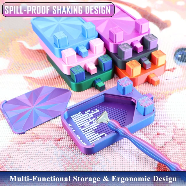 Alt view image 7 of 7 - Diamond Painting Tray with Lid and Tweezer, Rhinestone Storage Tray with Lid & 2 Storage Bucket Design, Easy Pour Bead Tray, Diamond Art Kits for Adults, Diamond Art Accessories Tools (Black Purple)