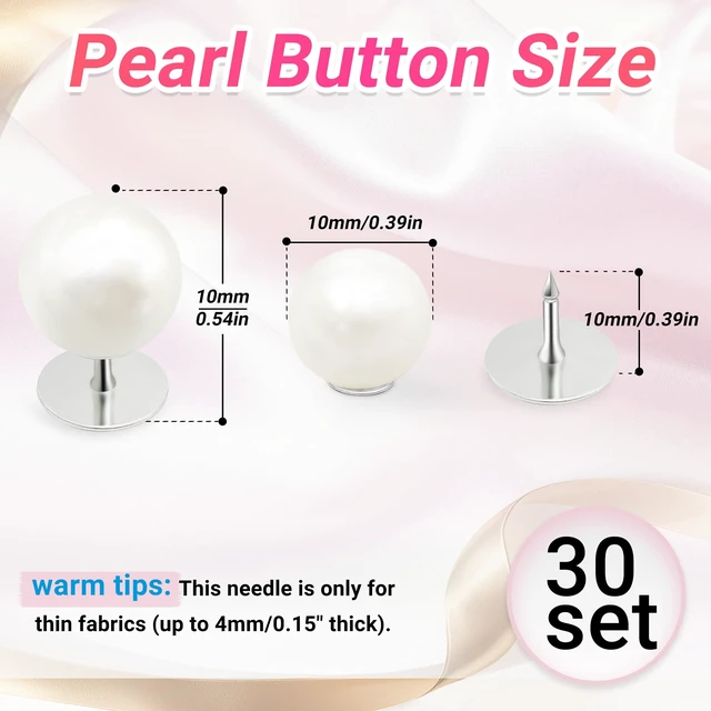 Alt view image 2 of 6 - 30 Sets Pearl Buttons No Sew Buttons for Clothes, 10mm Pearl Brooch Pins Reusable for Women, White Safety Pins for Dresses, Shirts, DIY Crafts, Fashion Decorative Accessories