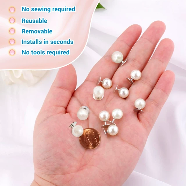 Alt view image 4 of 6 - 30 Sets Pearl Buttons No Sew Buttons for Clothes, 10mm Pearl Brooch Pins Reusable for Women, White Safety Pins for Dresses, Shirts, DIY Crafts, Fashion Decorative Accessories