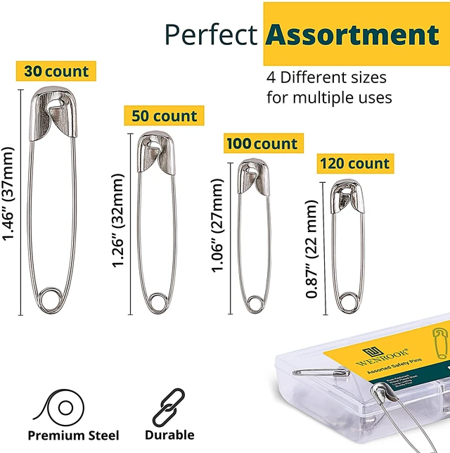 Alt view image 3 of 6 - 300 Pack Safety Pins Assorted, Heavy Duty Safety Pins for Clothes | Large and Small Safety Pins Bulk, 4 Assorted Sizes, Durable Nickel Plated Steel, Safety Pin for Crafts, Pinning and More
