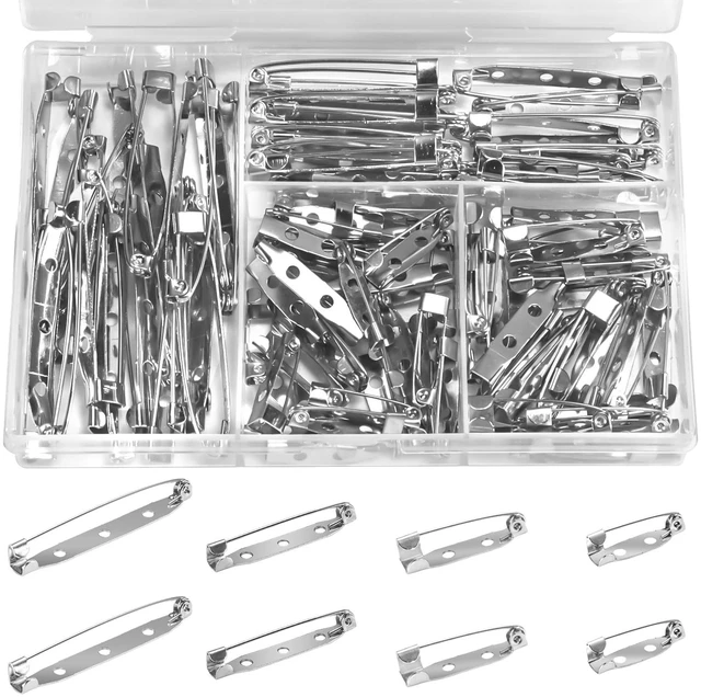 Main image of 100Pcs Brooch Pin Backs for Jewelry Making, Badges & DIY | Silver Bar Pin Clasps, 4 sizes (0.78/1/1.4/1.77 inch), for Name Tags, Crafts, Sewing, and Accessory DIY Projects