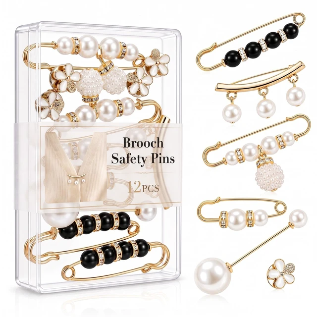 Main image of 12 Pcs Brooch Safety Pins for Women, Decorative Pearl Pins for Clothes, Pant Waist Tightener for Jeans, Fashion Sweater Shawl Clips and Cover Up Buttons Clothing Accessories