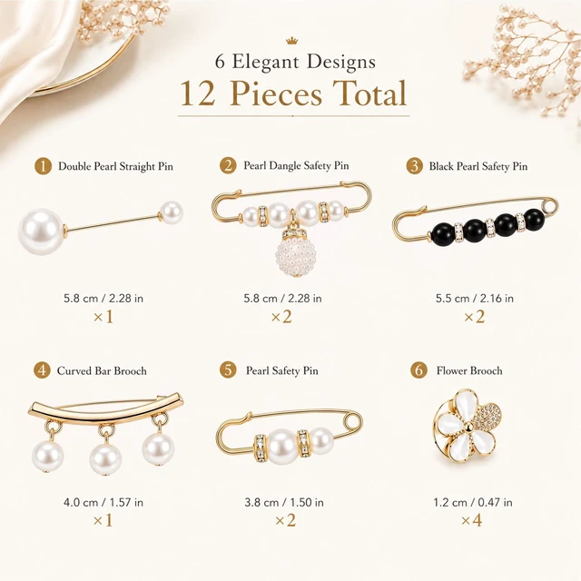 Alt view image 2 of 7 - 12 Pcs Brooch Safety Pins for Women, Decorative Pearl Pins for Clothes, Pant Waist Tightener for Jeans, Fashion Sweater Shawl Clips and Cover Up Buttons Clothing Accessories