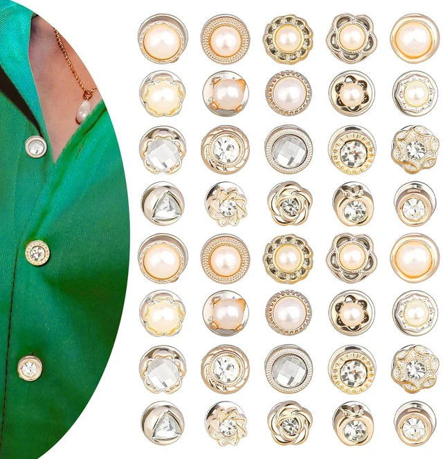 Main image of 40pcs Women Shirt Brooch Pins,No Sew Reusable Cover Up Pins,Rhinestone and Pearl Buttons for Women Fashion, Replacement Safety Button for Clothing Shirt Dress Sweaters Coat Shawl