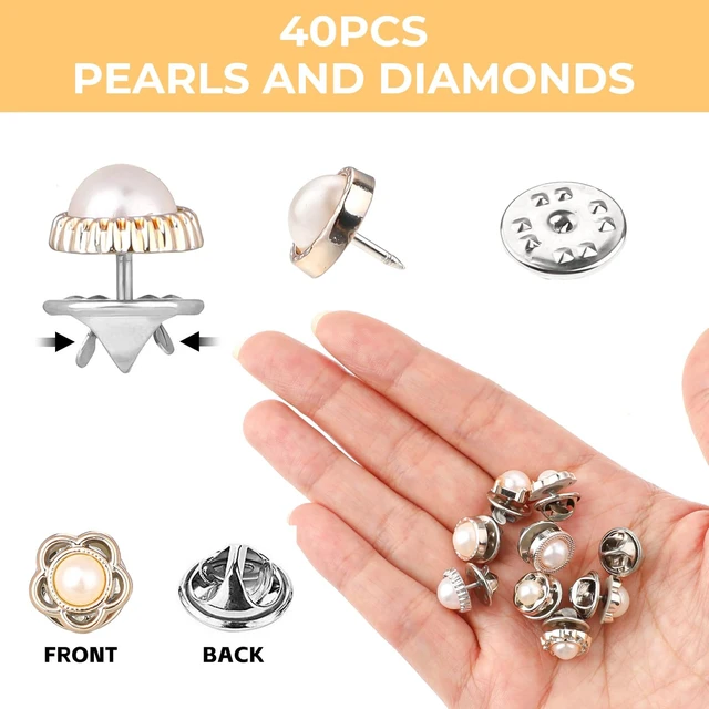 Alt view image 3 of 7 - 40pcs Women Shirt Brooch Pins,No Sew Reusable Cover Up Pins,Rhinestone and Pearl Buttons for Women Fashion, Replacement Safety Button for Clothing Shirt Dress Sweaters Coat Shawl