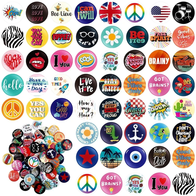 Main image of 1 Inch Pinback Buttons Set Retro Punk Slogans, 50 Pcs | Bulk Pinback for Backpacks Bags Hats, 1 Inch Round, Mixed Peace Love Designs, Colorful Themed for Personal Expression