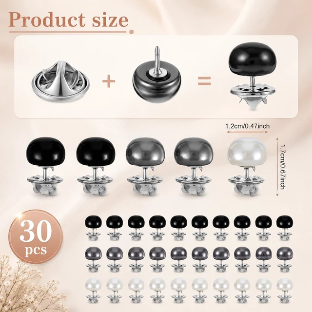 Alt view image 2 of 7 - 30 Sets Pearl Buttons No Sew Buttons for Clothes, 12mm Pearl Brooch Pins Reusable, Safety Brooch Pins Buttons for Women Blouses Cleavage Cover up for Low Neckline, No Tool Removable