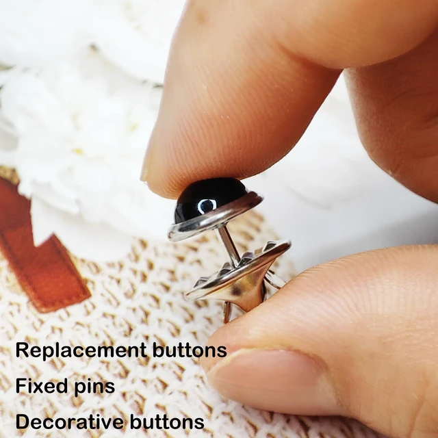 Alt view image 4 of 6 - 6 Pcs 10mm/0.39" Mini No Sew Black Buttons Brooch Pins Cover up Buttons Fasteners Detachable Reusable Multi-Purpose for Clothes(Black)