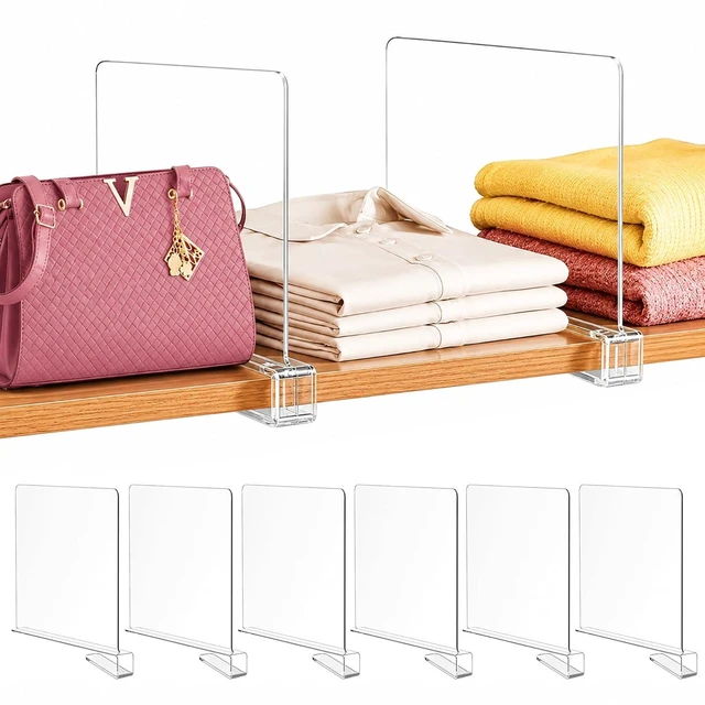 Main image of 6 Pack Clear Shelf Dividers for Closet, Vertical Purse Organizer for Handbags, Closet Organizers and Storage for Sweaters, Clothes, Towels, Clutches and Wood Shelves