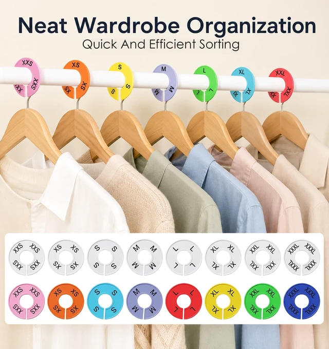 Alt view image 5 of 7 - 16 Pcs Clothing Size Dividers, Round Clothing Rack Size Dividers | Plastic Clothing Rack Dividers, 9 Colors, 8 Sizes(2XS-3XL), for Hanging Clothes, Wardrobe Organization