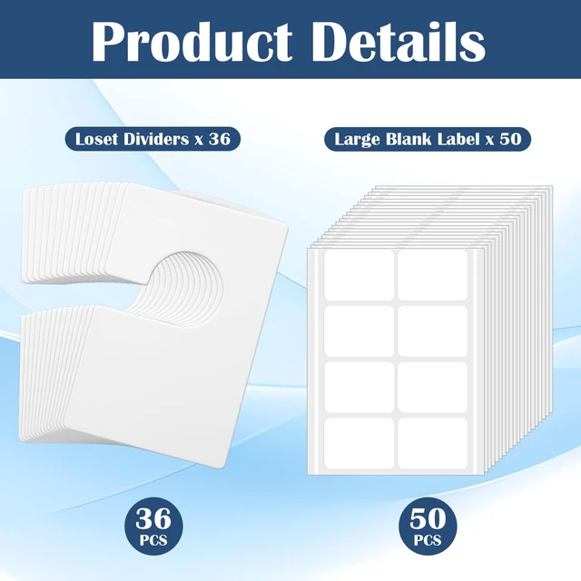 Alt view image 3 of 7 - 36 Pack White Clothing Rack Size Dividers with 50 Large Blank Labels, Rectangular Clothing Closet Dividers, Reusable Closet Separators for Wardrobe Organization