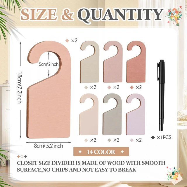 Alt view image 2 of 6 - 14 Pcs Blank Wooden Closet Dividers, Earth Colors, Round Top | Includes Marker Pen for Custom Labeling, Hanging Organizers, Nursery Garments Hanger Separators, Wardrobe Organization