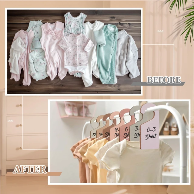Alt view image 4 of 6 - 14 Pcs Blank Wooden Closet Dividers, Earth Colors, Round Top | Includes Marker Pen for Custom Labeling, Hanging Organizers, Nursery Garments Hanger Separators, Wardrobe Organization