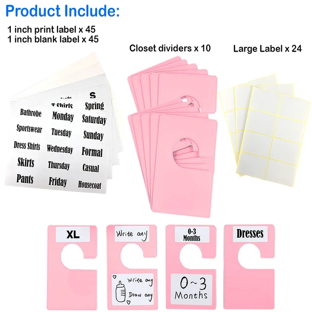 Alt view image 3 of 7 - 10 Pack White Clothing Rack Size Dividers Plus 45 Labels (1 Inch) and 18 Large Blank Labels, Large Rectangular Clothing Closet Dividers (Pink)