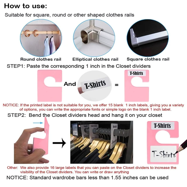 Alt view image 4 of 7 - 10 Pack White Clothing Rack Size Dividers Plus 45 Labels (1 Inch) and 18 Large Blank Labels, Large Rectangular Clothing Closet Dividers (Pink)