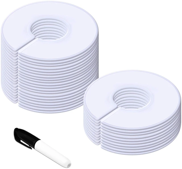Main image of 30 Pack White Round Clothing Size Closet Rack Dividers Hangers with 1 Bonus Marker (Outer 3.5, Inner 1.38 in Diameter)